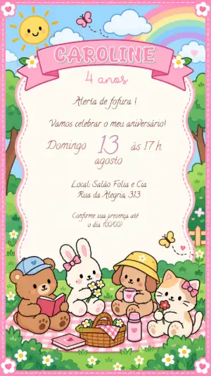 Convite de Aniversário Piquenique Fofo Estilo Bobbie Goods Editável