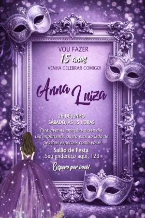 Convite de 15 anos Baile de Máscaras Roxo para Editar
