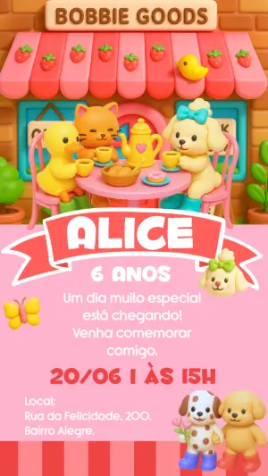 Convite de Aniversário Bobbie Goods com Animais Fofos para Editar