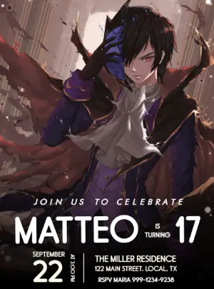 Anime Birthday Invitation with Lelouch Theme - Editable Template