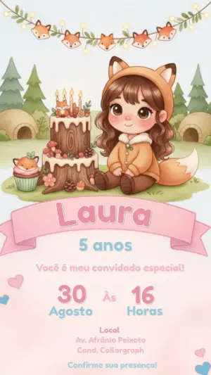 Convite de Aniversário Raposinha do Bosque Editável