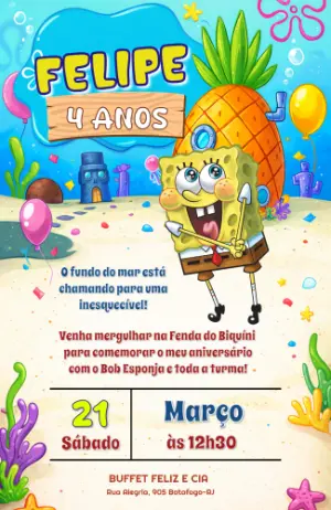 Convite de Aniversário Bob Esponja Infantil Modelo Editável