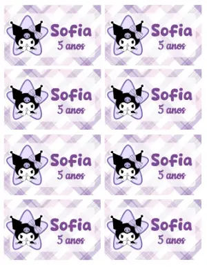 Rótulo Adesivo Editável Aniversário Kuromi Lilás