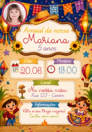 Convite de Aniversário Festa Junina com Foto para Editar