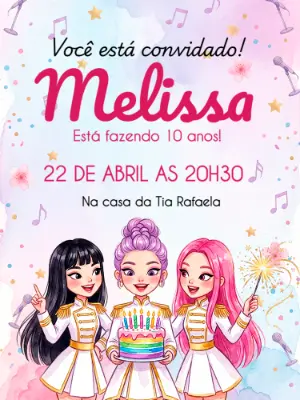Convite de Aniversário Guerreiras do K-pop Editável Digital