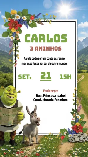 Convite de Aniversário Shrek e Burro para Editar Online