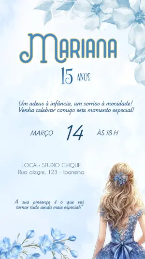 Convite 15 Anos Princesa Azul Floral Modelo Editável