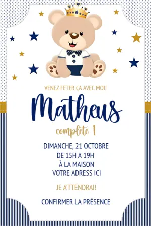 Invitation anniversaire Ours Prince bleu et or, modèle à modifier