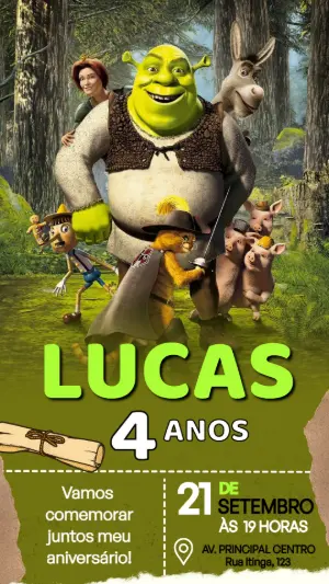 Convite de Aniversário Shrek e sua Turma para Editar Online