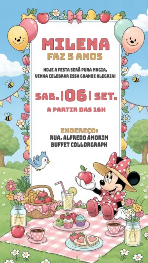 Convite de Aniversário Minnie Piquenique para Editar Online