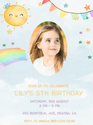 Cute Sunshine & Rainbow Birthday Invitation Editable Template