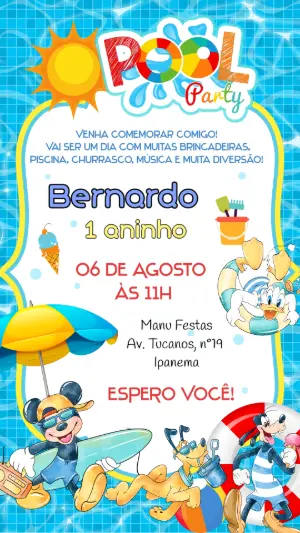 Convite de Aniversário Pool Party Turma do Mickey para Editar