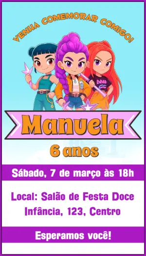 Convite Digital Aniversário Guerreiras do Kpop Editar Online