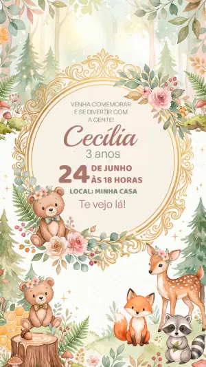 Convite de Aniversário Bosque Encantado Aquarela para Editar