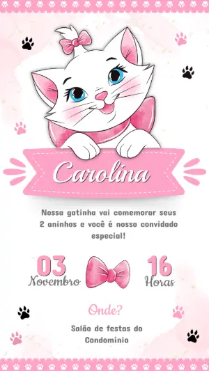 Convite de Aniversário Gatinha Rosa Delicado para Editar
