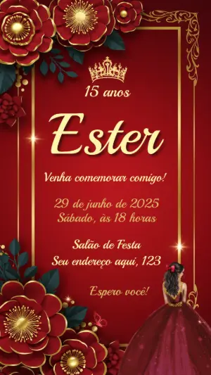 Convite 15 Anos Princesa Rosas Vermelhas para Editar Online