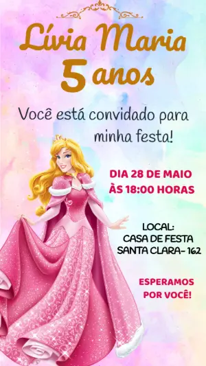 Convite Aniversário Princesa Aurora Rosa Editável