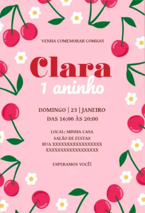 Convite de Aniversário Cerejinha para Editar Online