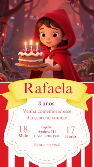 Convite de Aniversário Chapeuzinho Vermelho 3D para Editar