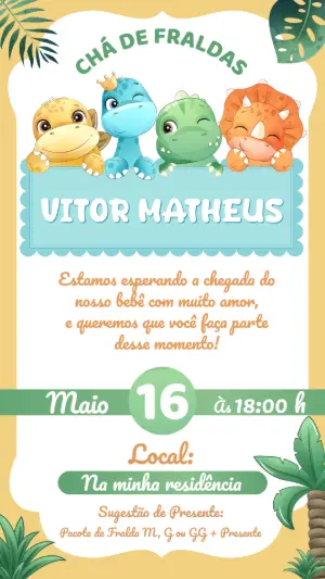 Convite Chá de Fraldas Dinossauros Bebês Fofo para Editar