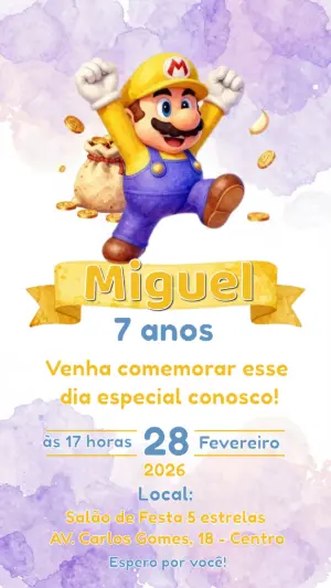 Convite de Aniversário Super Mario Aquarela para Editar