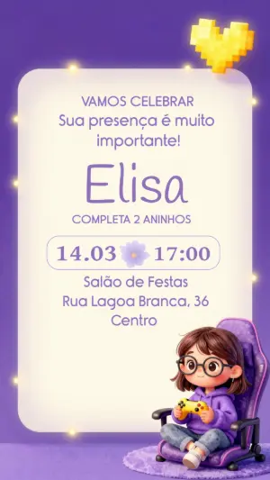 Convite de Aniversário Gamer Menina Roxo Editável