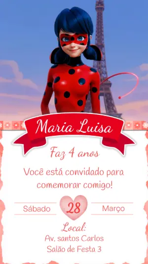 Convite de Aniversário Infantil Tema Ladybug Editável