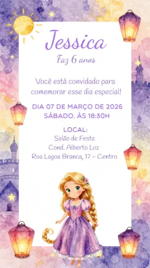 Convite Digital Festa Rapunzel Estilo Aquarela Editável