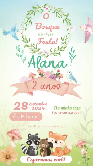 Convite Aniversário Bosque Encantado com Animais para Editar