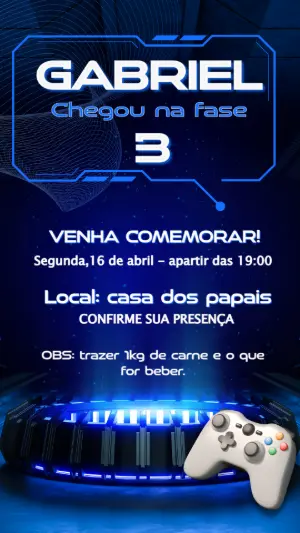 Convite Aniversário Gamer Neon Azul para Editar Online