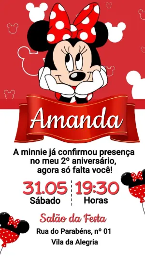 Convite de Aniversário Minnie Vermelha Editável para Menina