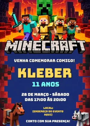 Modelo de Convite Minecraft Editável para Festa Infantil