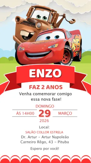 Convite de Aniversário Carros com McQueen e Mate para editar