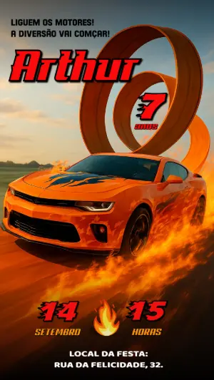 Convite de Aniversário Carros de Corrida para Editar Online