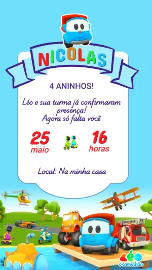 Convite de Aniversário Léo o Caminhão Colorido para Editar
