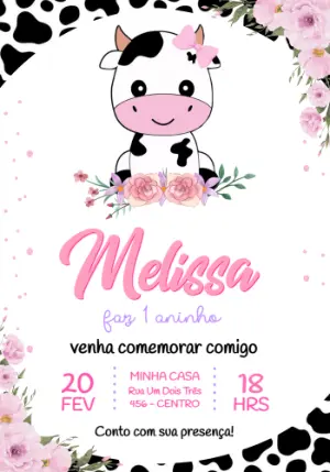 Convite de Aniversário Vaquinha Floral Rosa para Editar