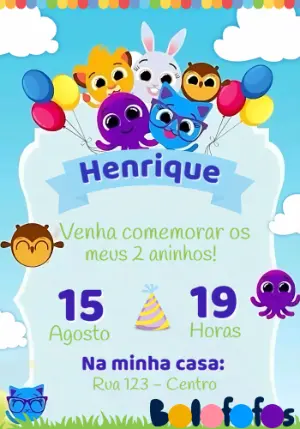Convite Aniversário Bolofofos com a Turma para Editar Online