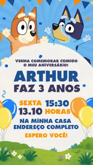 Convite Animado Bluey e Bingo: Vídeo Editável para Aniversário