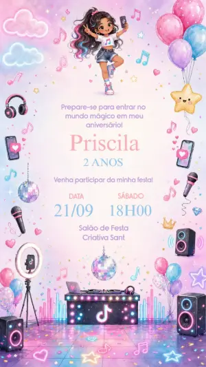 Convite de Aniversário Musical Influencer Colorido para Editar