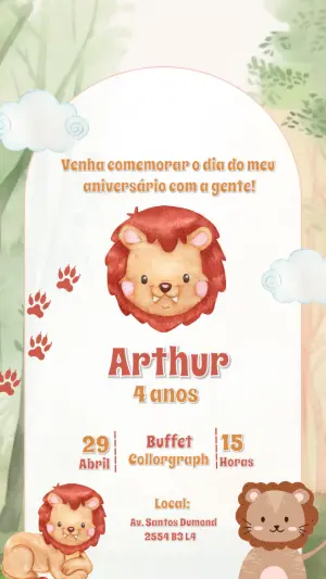 Convite Aniversário Leãozinho Aquarela para Editar Online