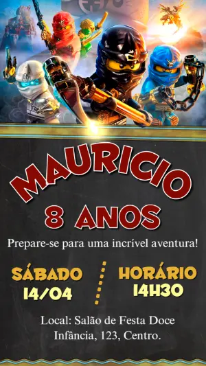Convite de Aniversário Ninjago para Editar e Enviar