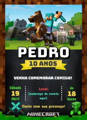 Convite de Aniversário Minecraft com Personagens para Editar
