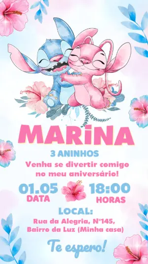 Convite de Aniversário Stitch e Angel Aquarela para Editar