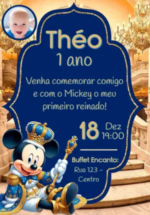 Convite Aniversário Mickey Realeza Azul e Dourado Editável