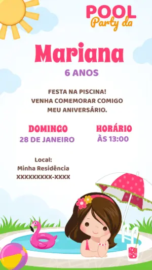 Convite Aniversário Pool Party Menina para Editar Online