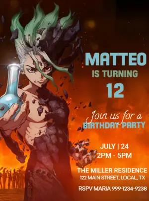 Dr. Stone Anime Birthday Invitation Editable Template