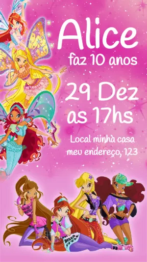 Convite de Aniversário Winx Club Rosa para Editar Online
