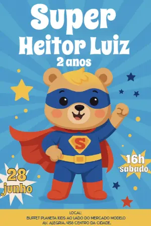 Convite Aniversário Super Herói Urso para Editar Online