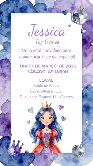 Convite de Aniversário Princesa Aquarela Roxo para Editar
