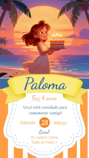 Convite de Aniversário Pôr do Sol na Praia Editável